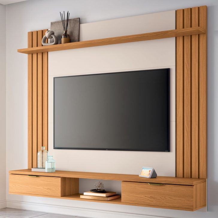 Painel TV 70 Pol 180cm Bancada Suspensa Solus Off/Cinamomo - HB Móveis
