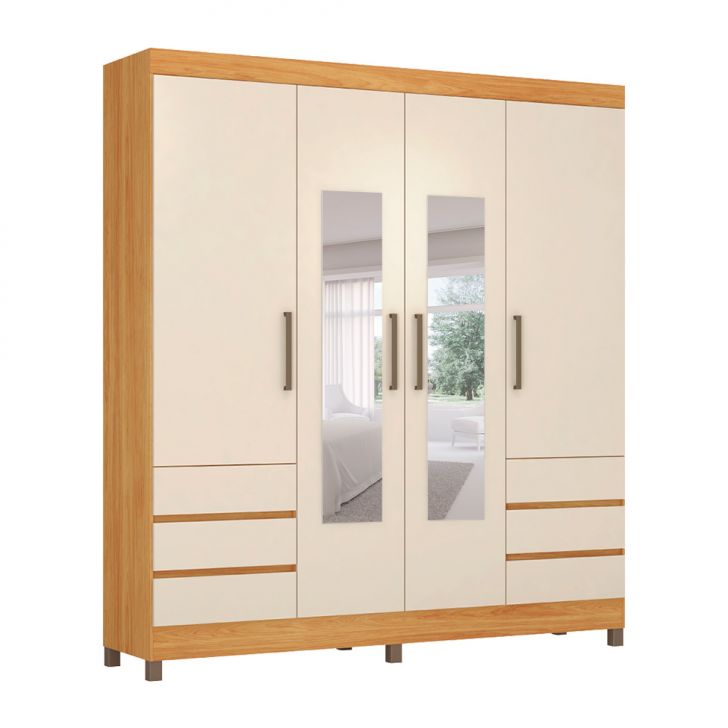 Guarda-roupa Casal Com Espelho Roma 4 Portas 6 Gavetas Cinnamon E Off White