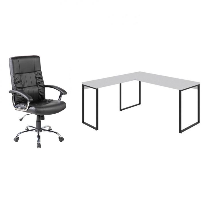 Conjunto de Mesa Kuadra Branca II 150 cm com Cadeira de Escritório Presidente Giratória com Relax Office Plus Preta