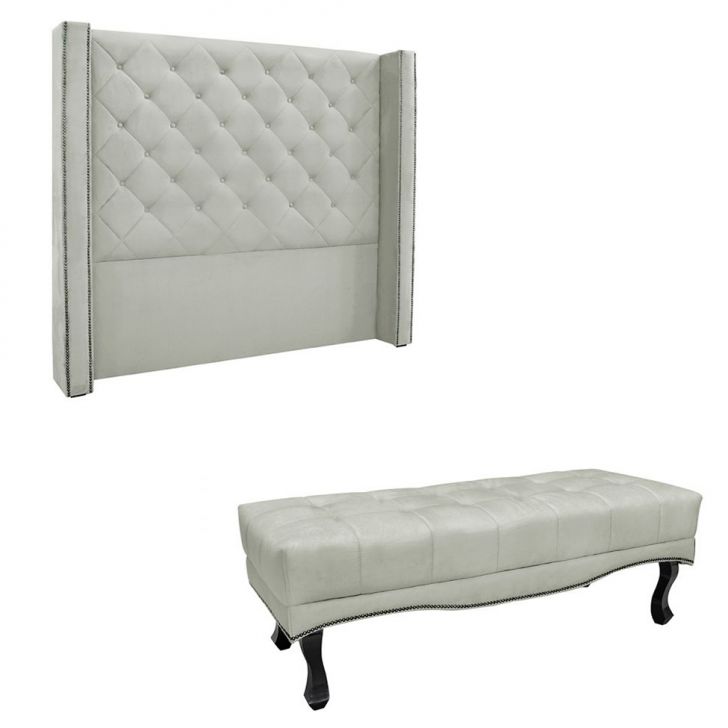 Conjunto de Cabeceira King com Recamier Vicenza Veludo Prata