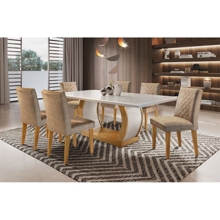 Conjunto De Mesa De Jantar Com 6 Cadeiras Estofadas Maia Animalle Off White E Chocolate