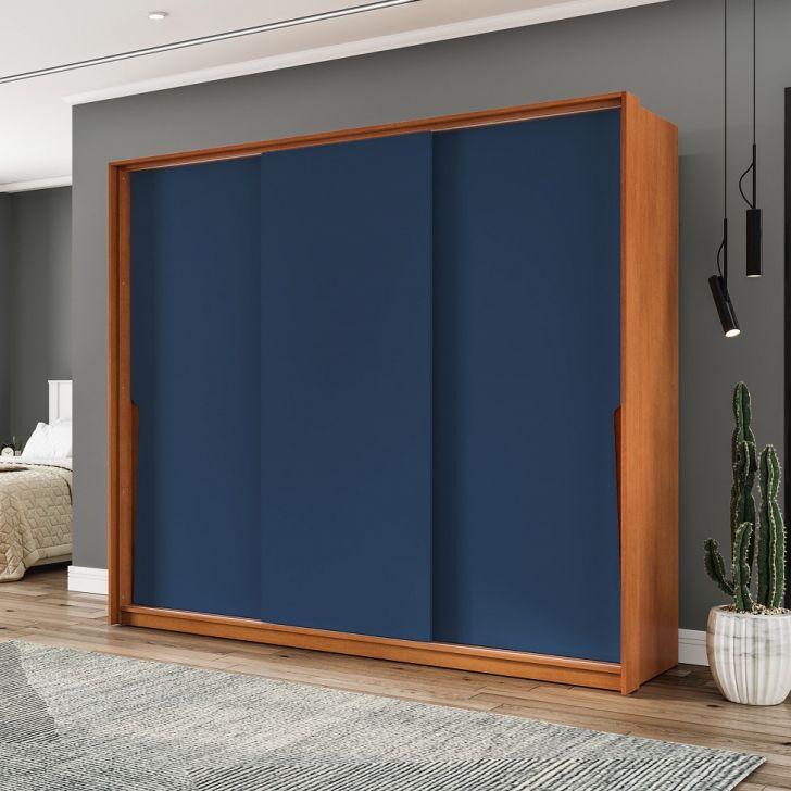 Guarda-roupa Casal Porto 3 Portas 4 Gavetas Freijó E Azul