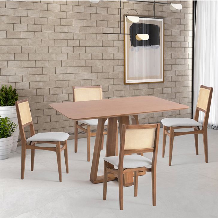 Image of Conjunto De Mesa Retangular Com Tampo De Madeira Maciça Frame E 4 Cadeiras Serena Poliéster Cinza Claro E Natural PLA-MO895TA42THPMOB