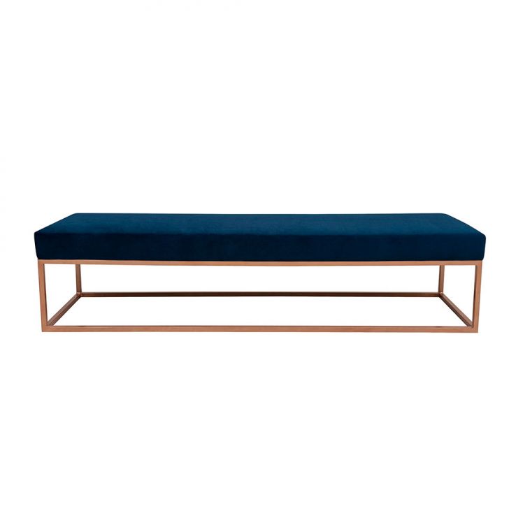 Banco | Banqueta 3 Lugares Giulia Veludo Azul e Dourado 180 cm
