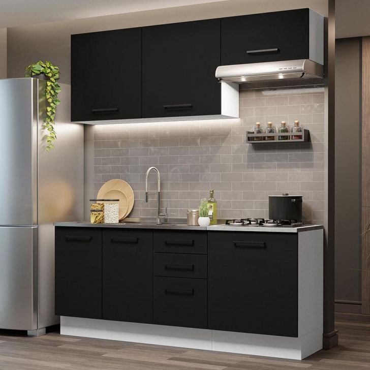 Cozinha Completa Madesa Agata 180003 com Armário e Balcão (Sem Tampo e Pia) - Branco/Preto
