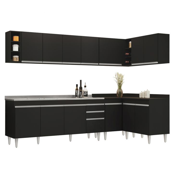 Armário de Cozinha Modulado de Canto 7 Peças CP36 com Pia Inox Preto - Lumil