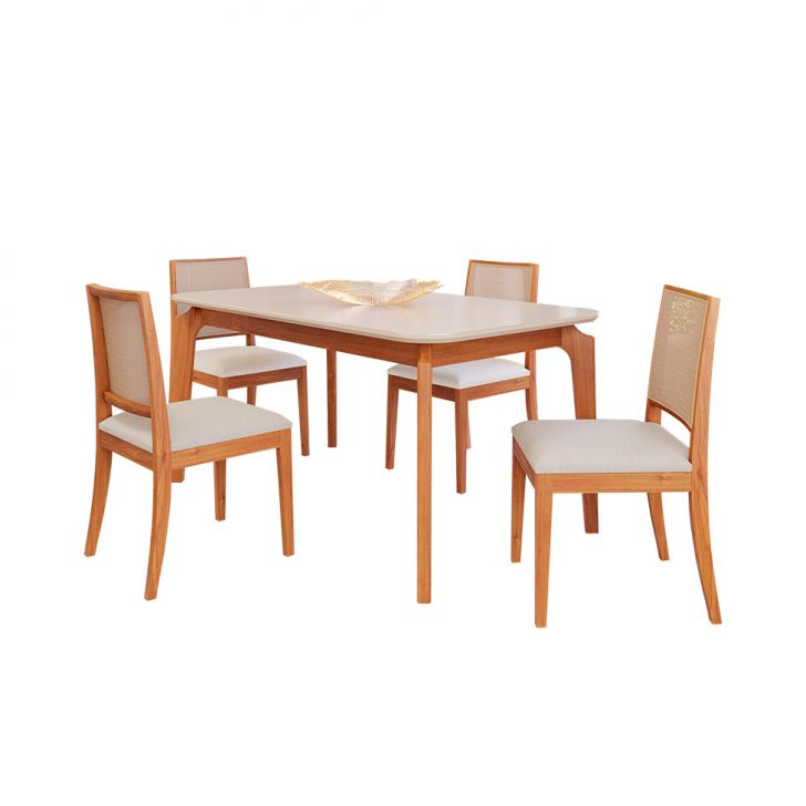 Conjunto De Mesa Retangular Com Tampo De Vidro Off White Ficus E 4 Cadeiras Buriti Linho Cinza E Madeira 130 Cm