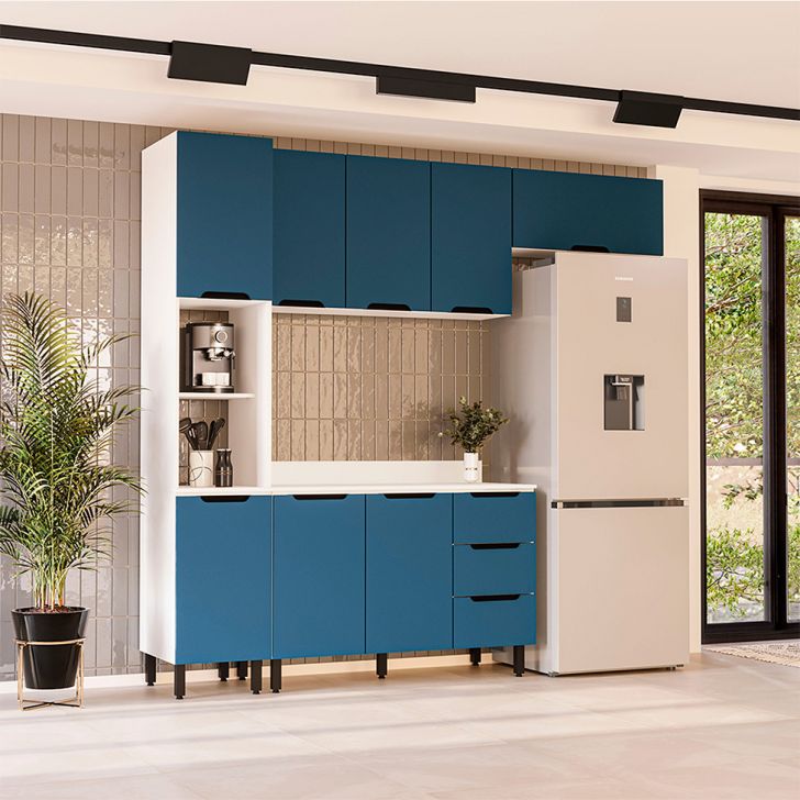 Cozinha Completa Com Tampo Meena 8 Portas 3 Gavetas Azul E Branca