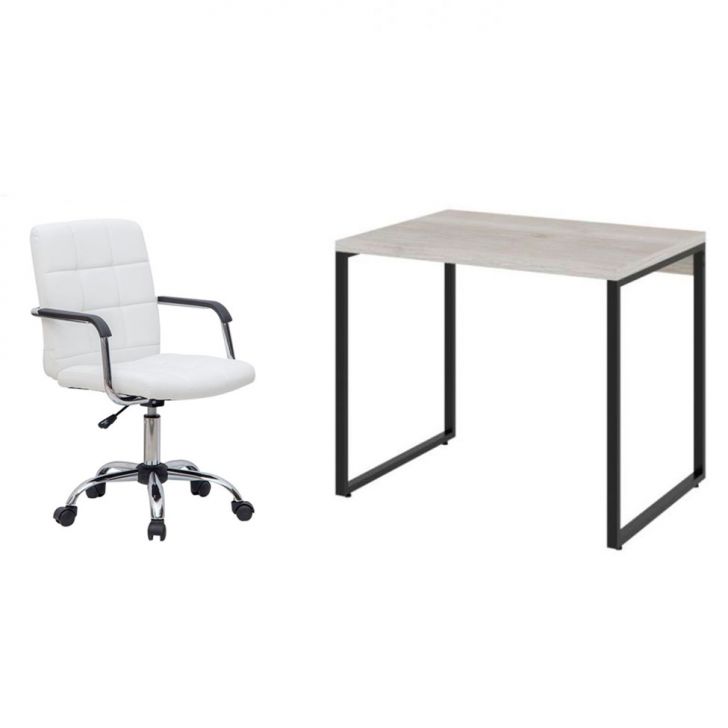 Conjunto de Mesa Kuadra Bege com Cadeira de Escritório Secretária Giratória Fitz Branca