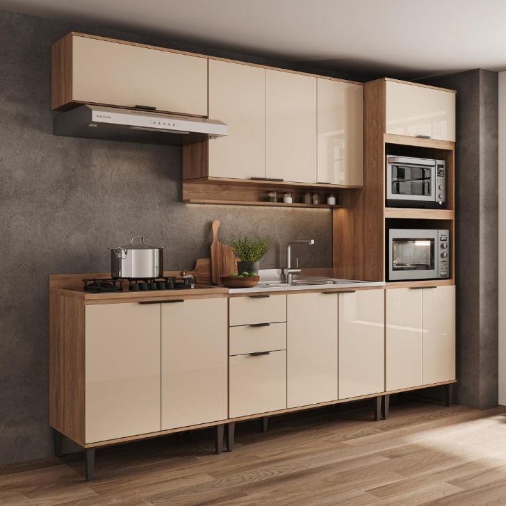 Armário de Cozinha Completa c Balcão Miami Essence Carraro Off White c Freijó