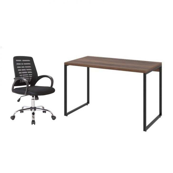 Conjunto de Mesa Kuadra Nogal 120 cm com Cadeira de Escritório Secretária Giratória Light Preta