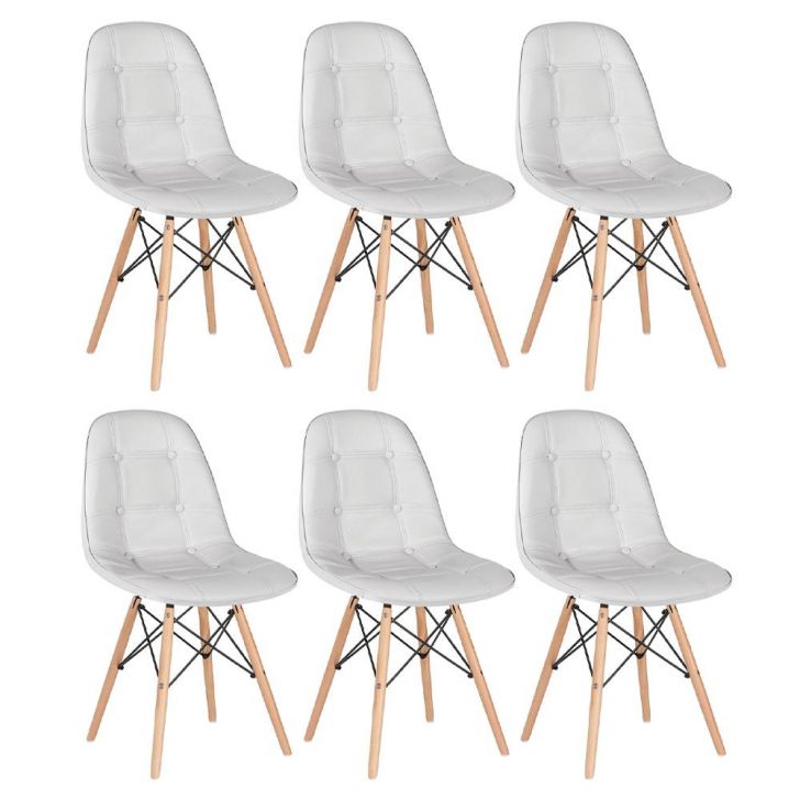 Kit 6 cadeiras estofadas Charles Eames Eiffel Botonê com pés de madeira clara Cinza-claro