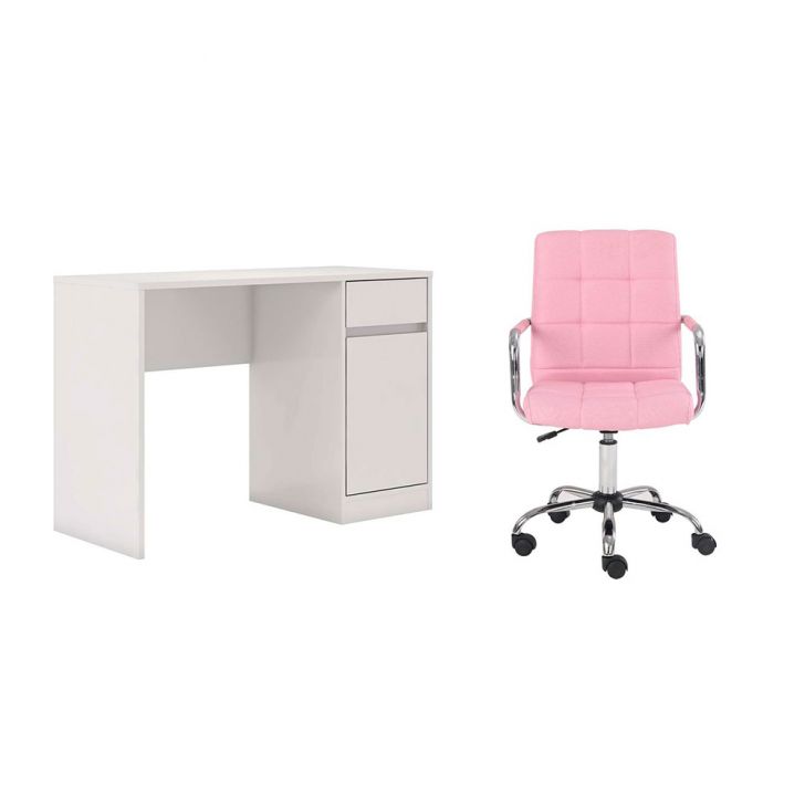 Conjunto de Mesa Morada 1 PT 1 GV Branca com Cadeira de Escritório Secretária Giratória Fitz Rosa