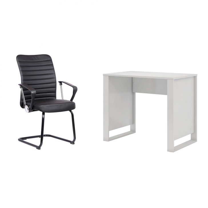 Conjunto de Mesa Morada Branca com Cadeira de Escritório Interlocutor Fixa Oslo Preta