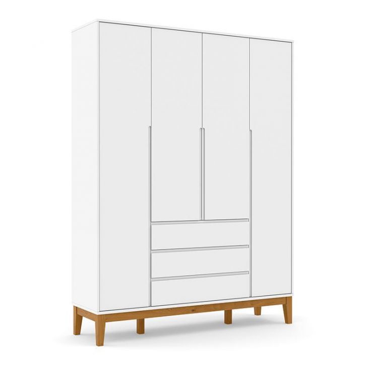 Guarda Roupa Infantil 4 Portas e 3 Gavetas Nature Clean Branco Soft/Eco Wood - Matic Móveis