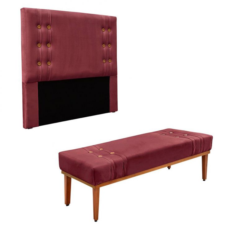 Conjunto de Cabeceira Casal com Recamier Gênova Veludo Vinho