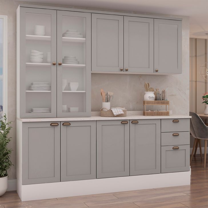 Image of Cozinha Compacta Iluminata 9 Portas 3 Gavetas Branco E Fendi PLA-MO895CL32HZJMOB