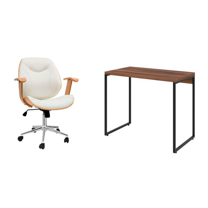 Conjunto de Mesa Studio Nogal com Cadeira de Escritório Diretor Giratória Antonella Branca