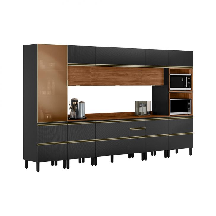 Cozinha Completa com Vidro Reflecta Proença 12 Portas 9 Gavetas Carbono e Nogueira