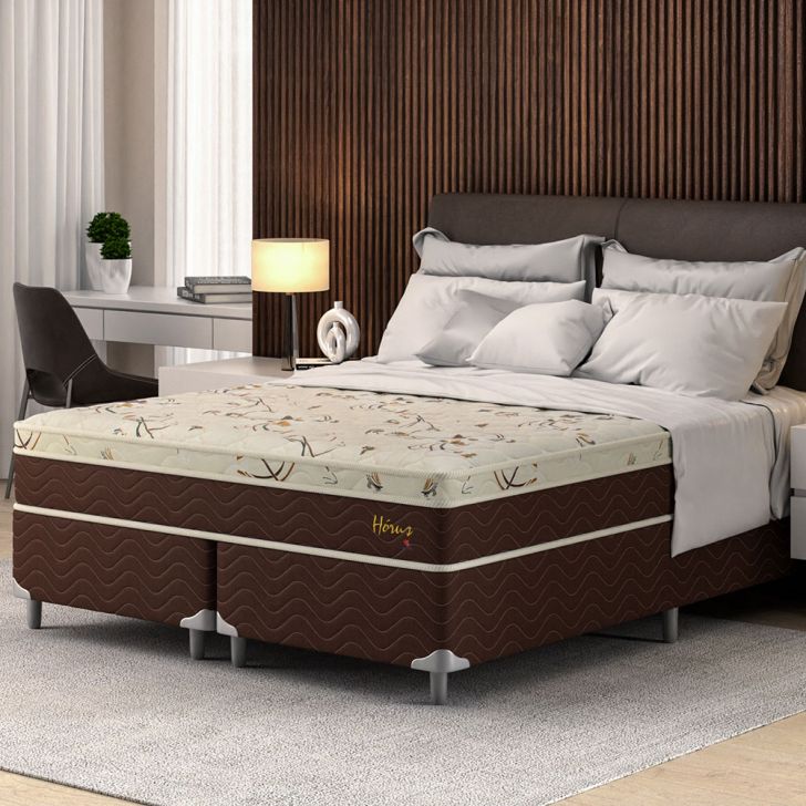 Cama Box Queen Com Colchão Hórus (63x158x198) Bege E Marrom