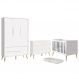 Dormitório Completo Infantil Theo 3 Portas, Cômoda 6 Gavetas, Berço Branco Fosco com Pés Madeira Natural e Colchão D18 - Reller Móveis