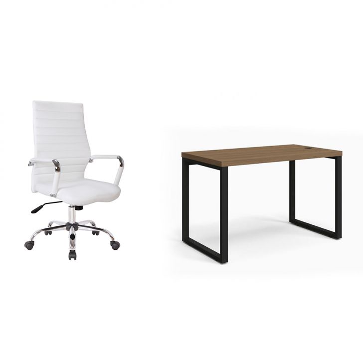 Conjunto de Mesa Munique Carvalho 120 cm com Cadeira de Escritório Diretor Giratória Cleaner Branca