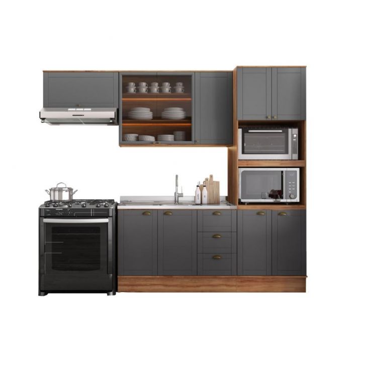 Cozinha Completa Milla Plus Armário e Balcão Nog/Cinza Carraro