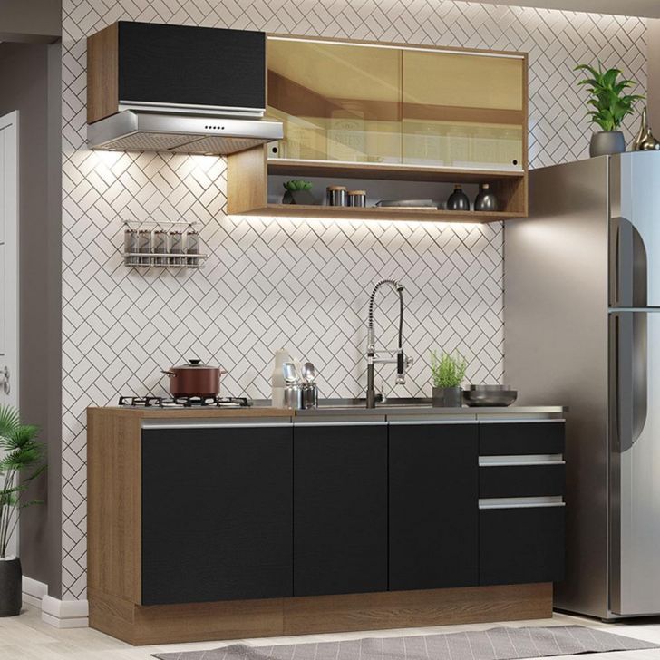 Cozinha Completa Madesa Glamy 180008 com Armário e Balcão (Sem Tampo e Pia) - Rustic/Preto