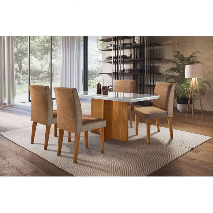 Conjunto De Mesa De Jantar Berlim I Com Tampo De Vidro Off White E  4 Cadeiras Grécia Suede Chocolate