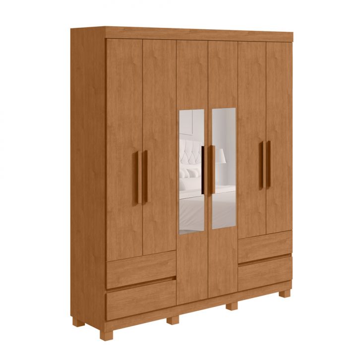 Guarda-roupa Casal Com Espelho Zeus Com Pés 6 Portas 4 Gavetas Amêndoa