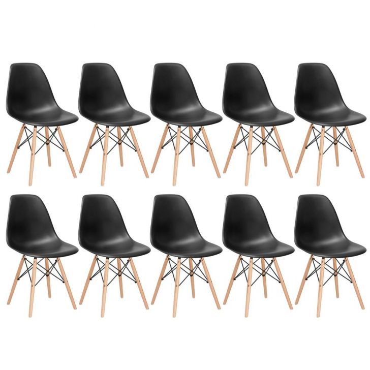 Kit 10 cadeiras Charles Eames Eiffel DSW com pés de madeira clara Preto