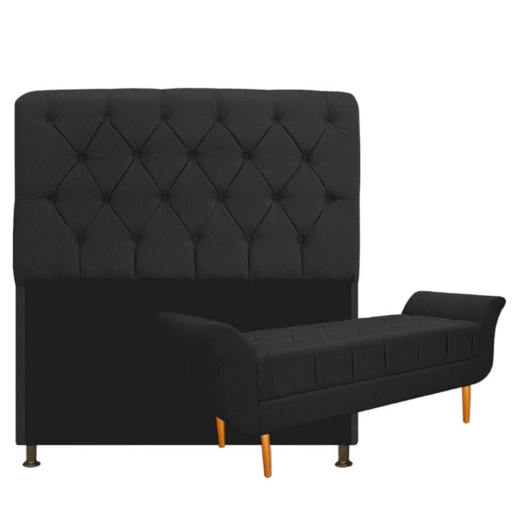 Kit Cabeceira Lady e Recamier Ari 140 cm Casal Suede Preto - Amarena Móveis