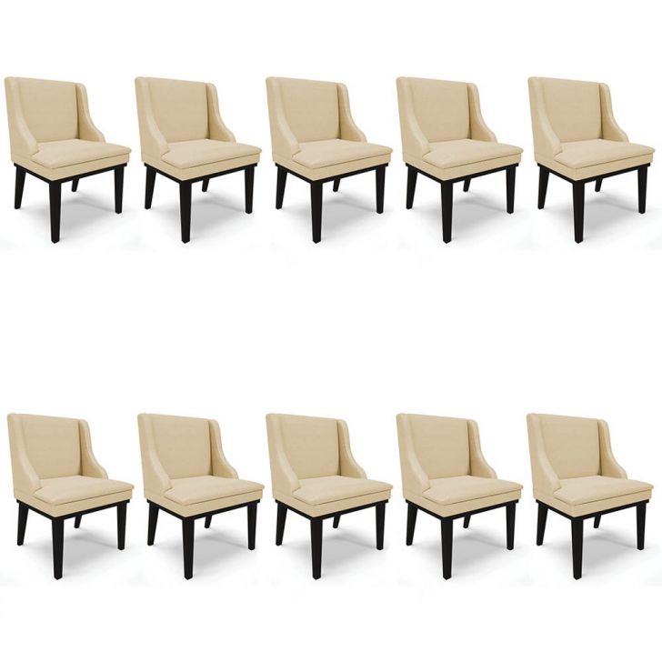 Kit 10 Cadeiras Estofadas para Sala de Jantar Base Fixa de Madeira Preto Lia Veludo Luxo Off White - Ibiza