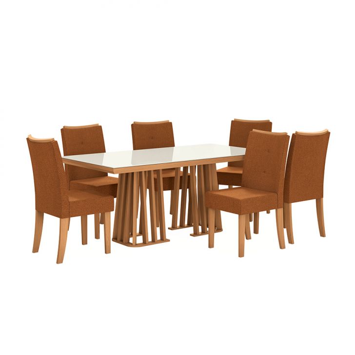 Conjunto De Mesa De Jantar Retangular Com Tampo De Vidro Off White Alteia E 6 Cadeiras Elva Bouclé Terracota E Canela