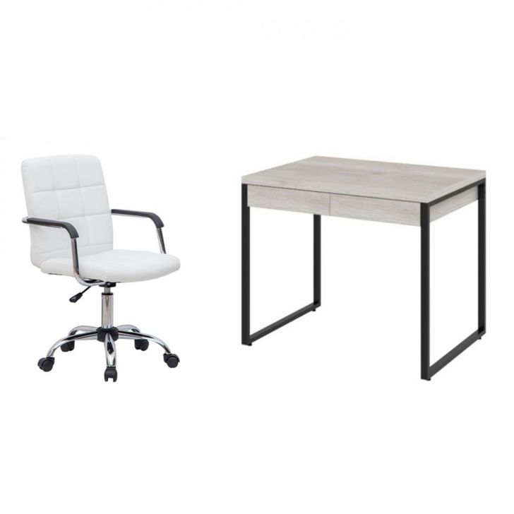 Conjunto de Mesa Kuadra 2 GV Bege com Cadeira de Escritório Secretária Giratória Fitz Branca