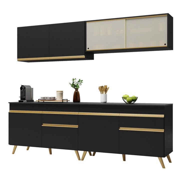 Armário de Cozinha Compacta 240cm Veneza Multimóveis V3696 Preto/Dourado