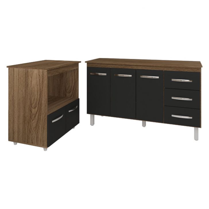 Gabinete Armário Carine 138 cm com Tampo Tampão e Balcão Amanda para Forno e Microondas Savana com Preto