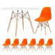 Mesa redonda Eames 120 cm + 6 cadeiras Eiffel DSW Mesa branco com cadeiras laranja