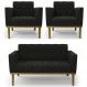 Sofá Namoradeira e 2 Poltronas Base Madeira Castanho Ana Suede Preto - Ibiza