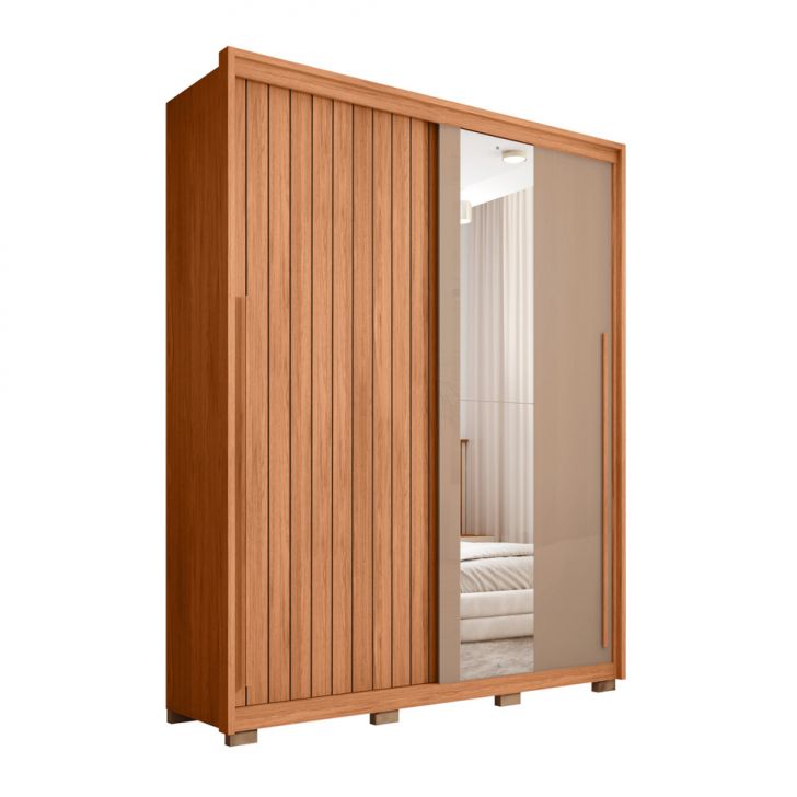 Image of Guarda-roupa Solteiro Com Espelho Moviment Ripado Flex 2 Portas 3 Gavetas Freijó PLA-MO895CL22OEFMOB