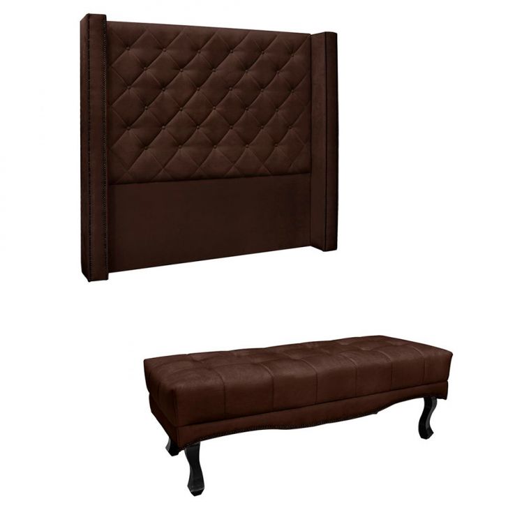 Conjunto de Cabeceira Queen com Recamier Vicenza Suede Café