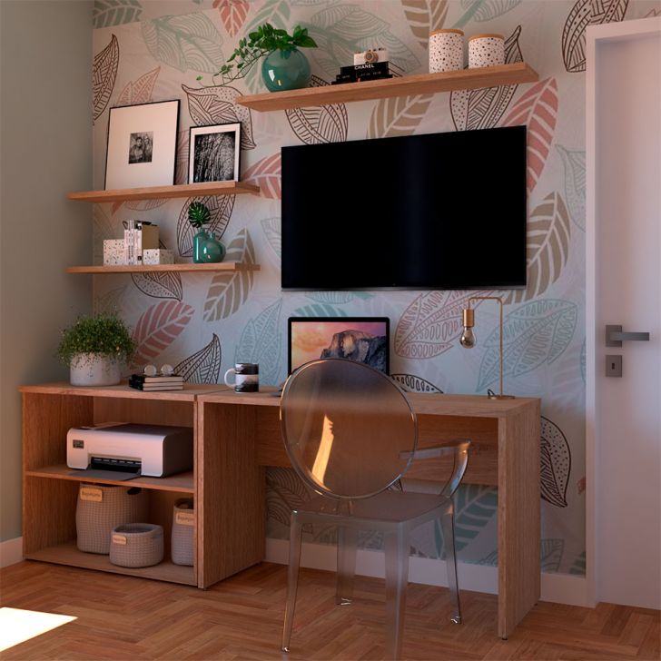 Conjunto De Mesa Com Estante E 3 Prateleiras Siena Carvalho Mel