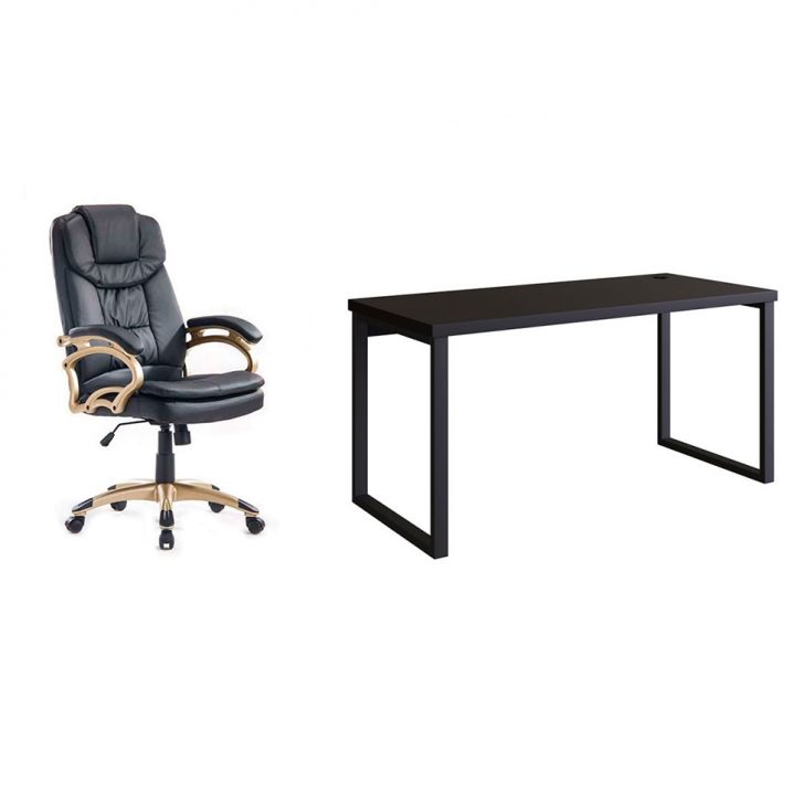 Conjunto de Mesa Miguel 150 cm com Cadeira de Escritório Presidente Giratória com Relax Clark Preta e Dourada