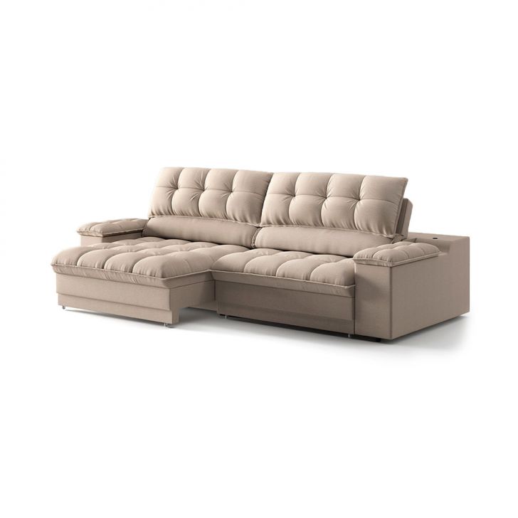 Image of Sofá 3 Lugares Retrátil E Reclinável Helen Com Usb E Porta-copos Linho Bege 230 Cm PLA-MO895UP22LNLMOB