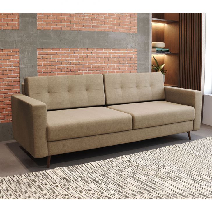 Sofá 3 Lugares Living Pé Palito Linho Cotton Bege 180 Cm