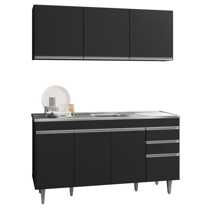 Armário Aéreo Argélia e Balcão Gabinete com Pia Inox Marrocos 150cm Preto - Lumil