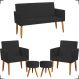Kit Namoradeira + 2 Poltronas Decorativas Para Sala Nina + 2 Puff Redondos Suede Preto Pé Castanho