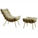 Conjunto Decorativo Poltrona e Puff Abel Base de Madeira Dourada Veludo Bege G41 - Gran Belo