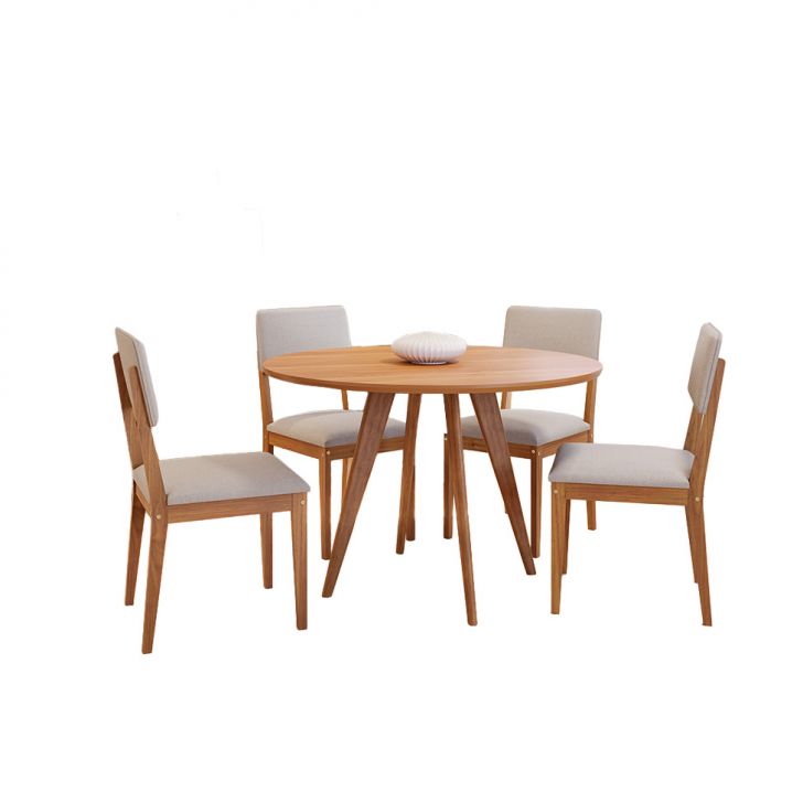 Conjunto De Mesa Redonda Com Tampo Mdf Acerola E 4 Cadeiras Sabiá Linho Bege E Cinamomo