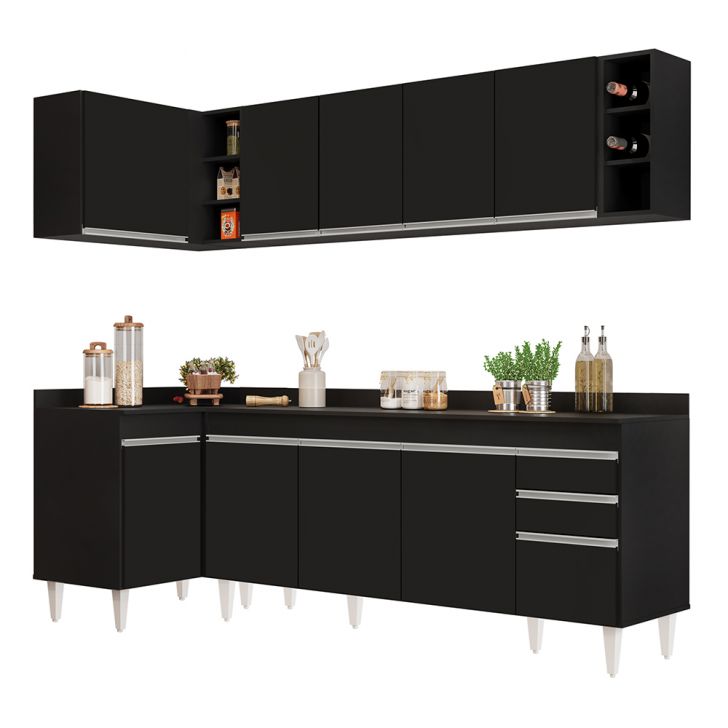 Armário de Cozinha Modulado de Canto Direito 5 Peças CP44 Balcão com Tampo Preto - Lumil